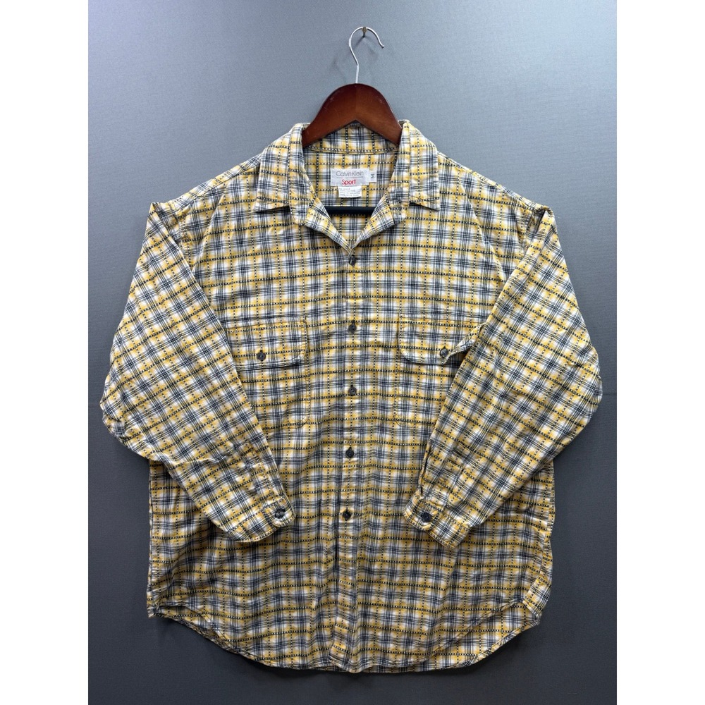 Calvin Klein Sport Button Down Shirt Mens‎ Yellow Plaid Cotton Long Sleeve M
